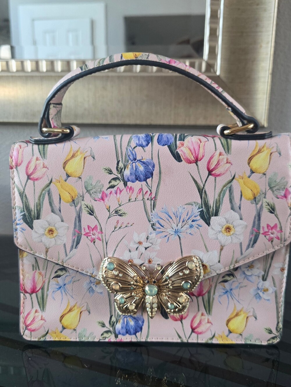 Aldo Floral-Print Satchel with Gold Butterfly Accent - Pink Multi - Picture 6 of 7